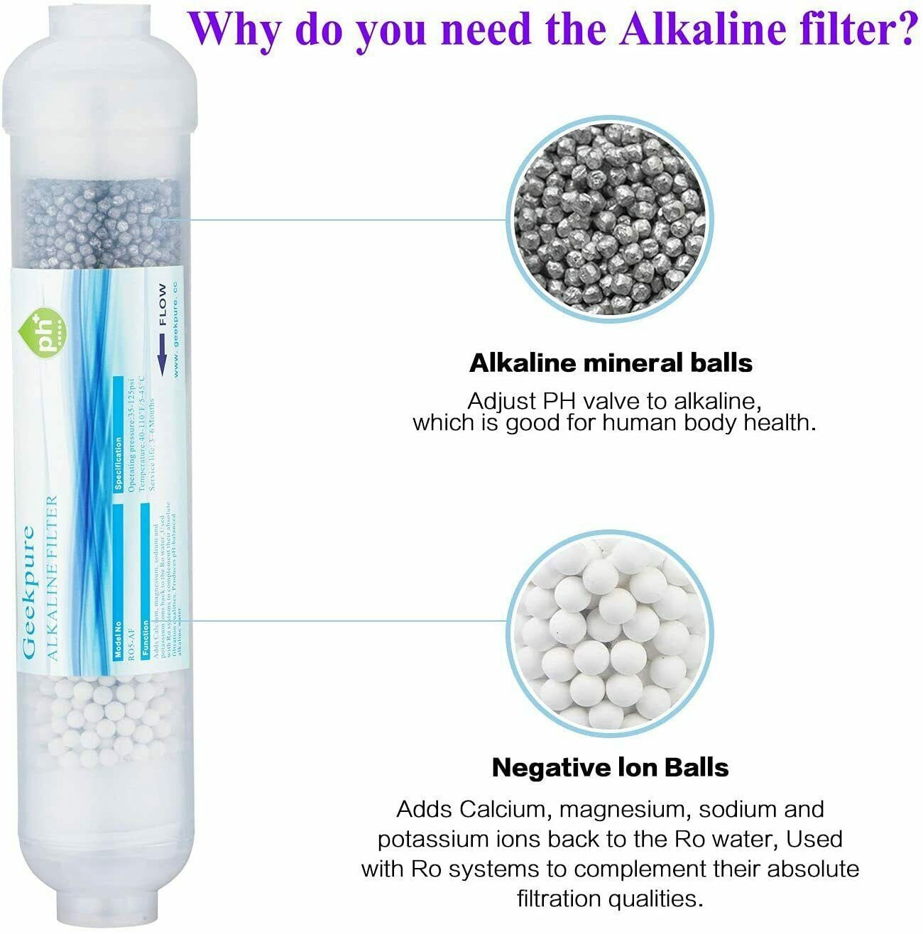 10 Inch Inline Alkaline ph+ Water Filter for Reverse Osmosis RO System-1/4” Port