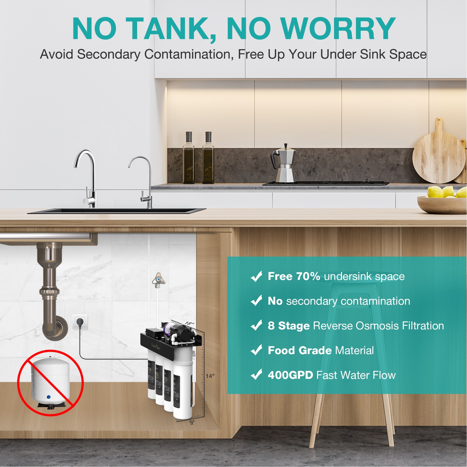 SimPure 8-Stage Tankless RO UV Reverse Osmosis System 400GPD Water Filter System