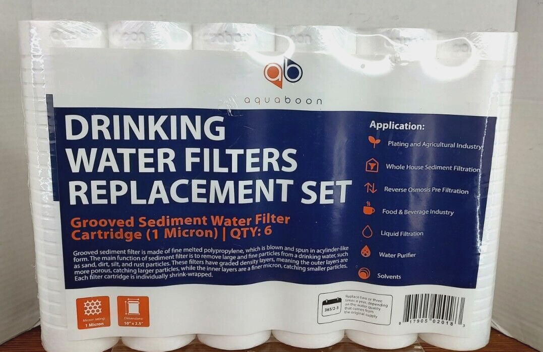 AquaBoon 10″ x2.5″ Grooved Sediment Qty 6 Water Filter 1 Micron Cartridge NIP