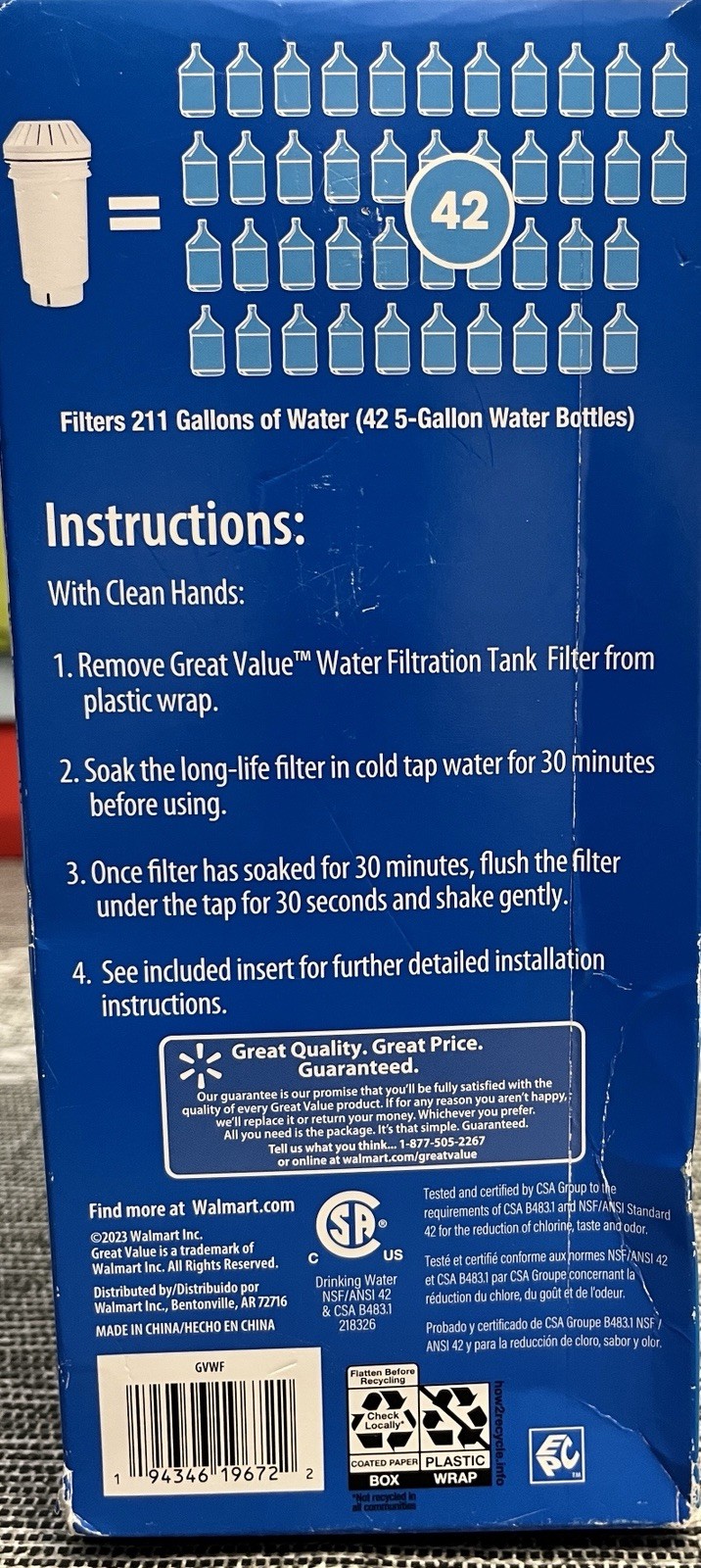 Great Value Water Tank Filter 6 Month Life Reduce Chlorine Taste & Odor BPA Free