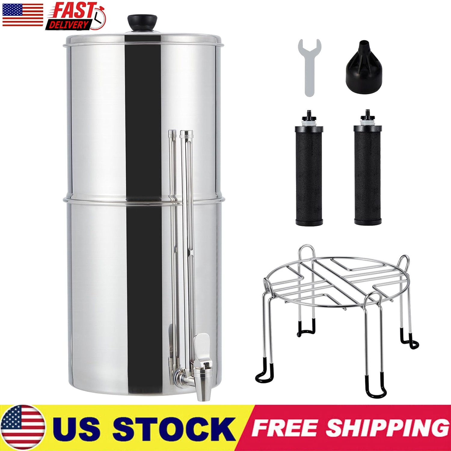 2.25G Gravity-fed Water Filter Countertop System Stainless Steel 2 Filters