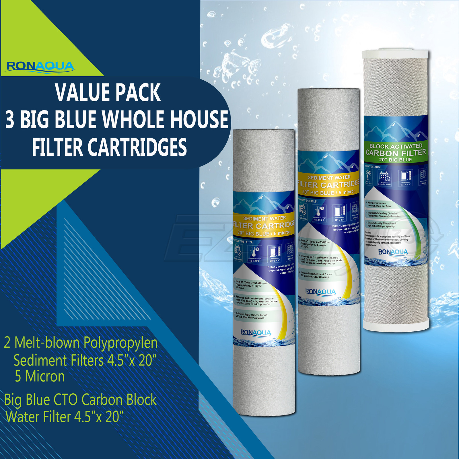 Big Blue CTO Carbon Block & 2 Sediment Water Filters 4.5″ x 20″ Cartridges Set