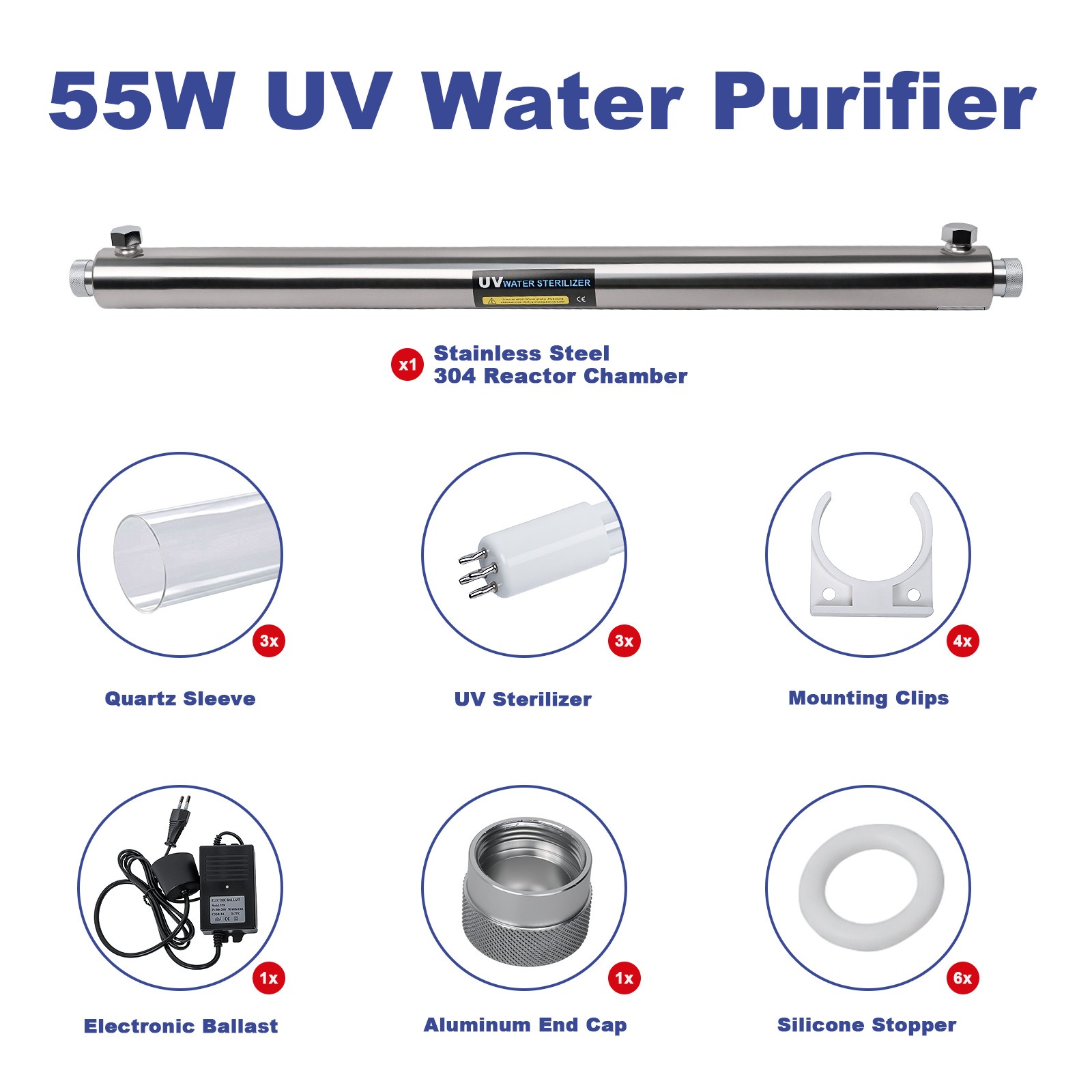 55W UV Water Purifier Water Filter Whole House 12GPM 3 Filter+3 Quartz Sleeve