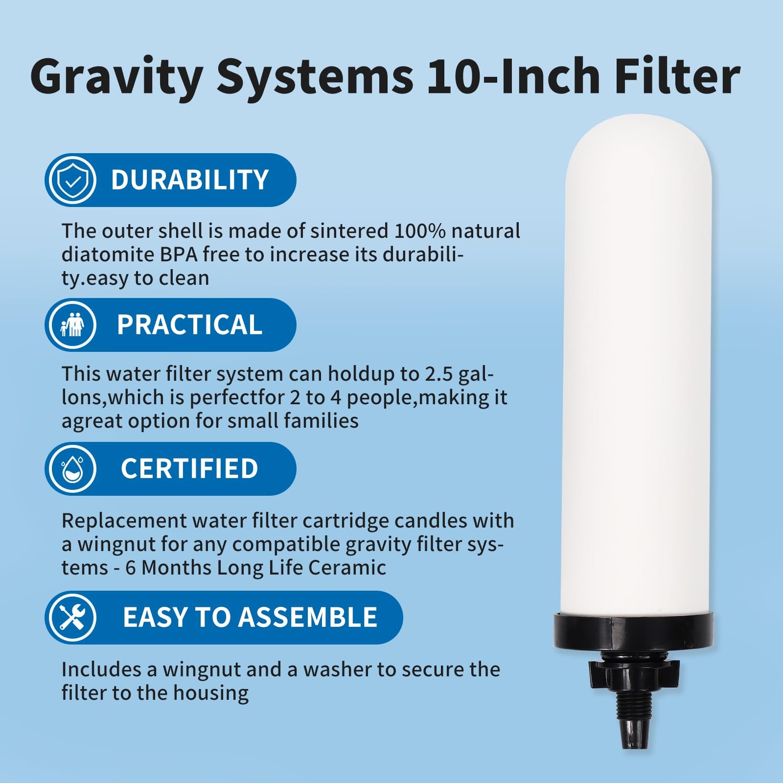 2 Pack 7in Ceramic Water Filter Candle Activated Carbon Gravity Filter System