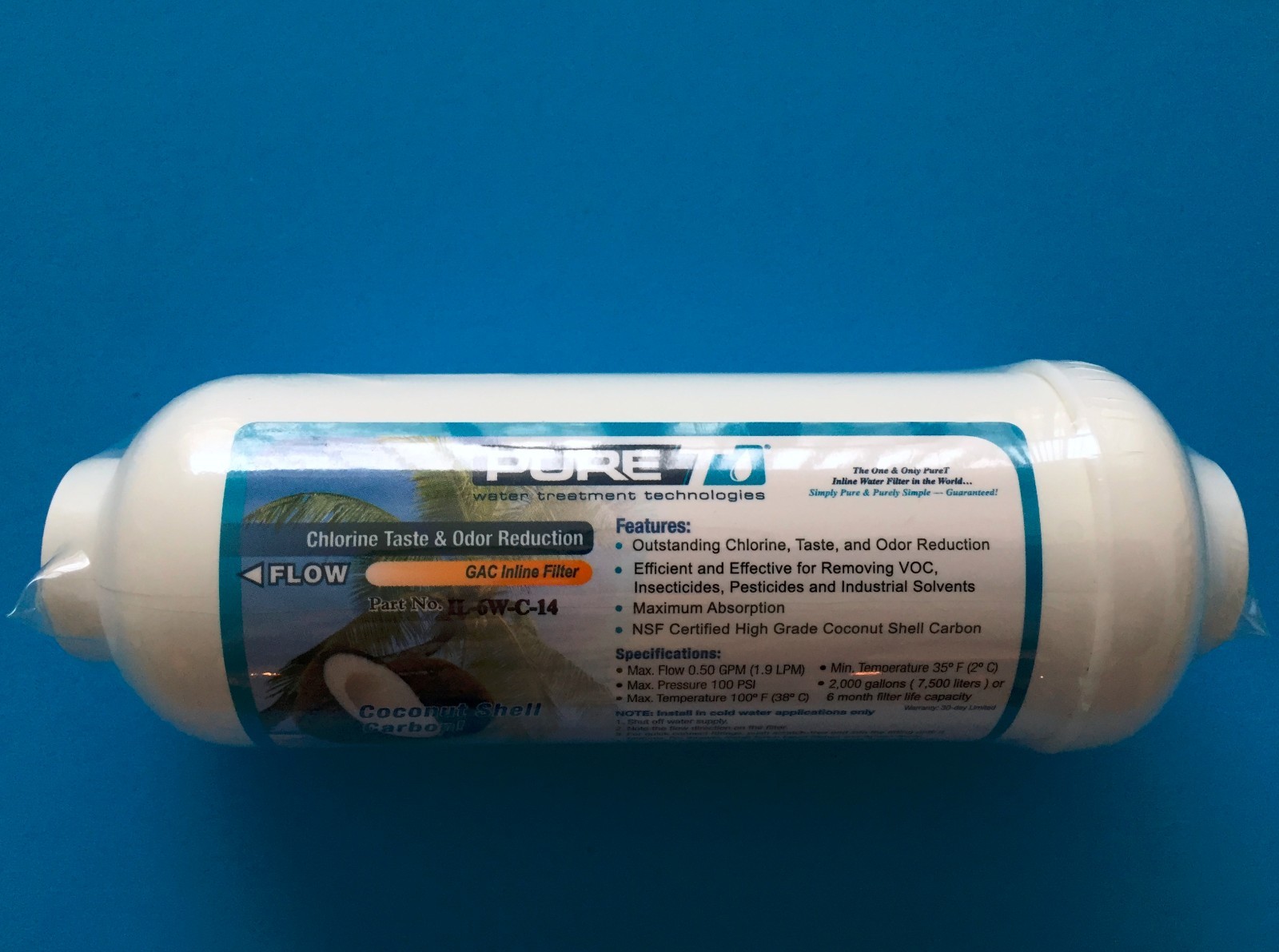 REVERSE OSMOSIS 6 x 2 IN-LINE CARBON FILTER 1/4″ FPT THREADED ENDS