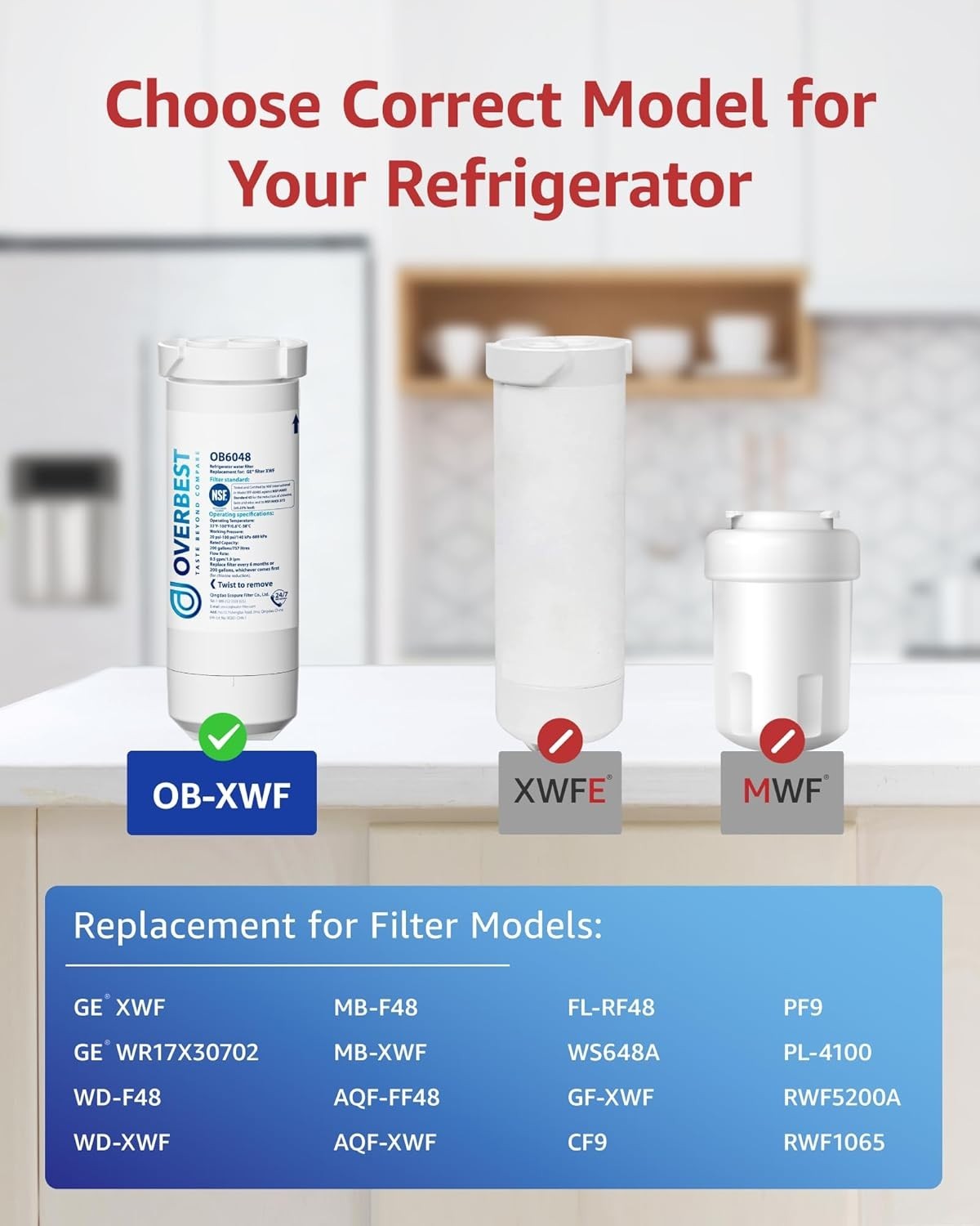 Overbest XWF (No chip) Refrigerator Water Filter, Replacement for GE®, 3-Pack