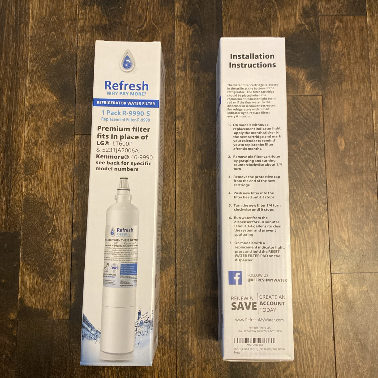 Refresh Refrigerator Water Replacement Filters NIB – R -9990-S – 2 Pack 2 Boxes