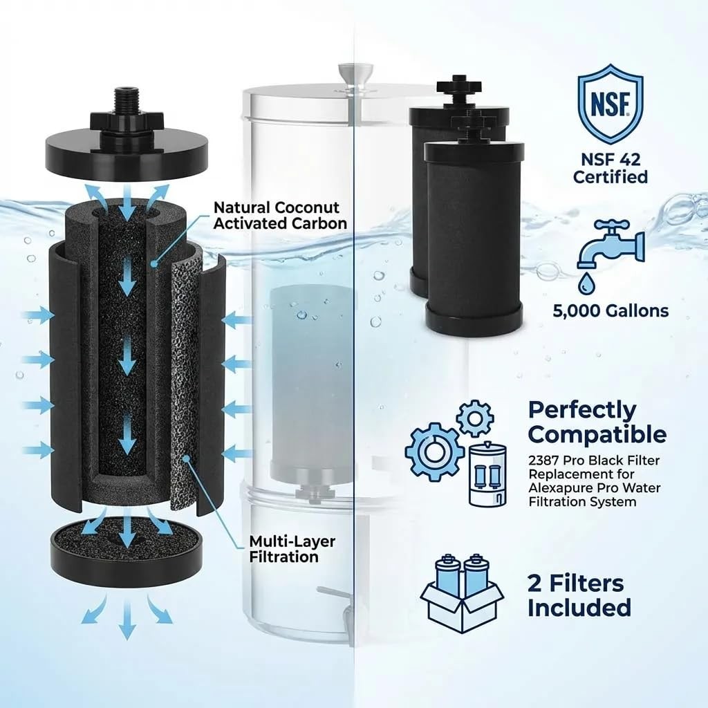 2-Pack Pro Black Water Filter Replacement, NSF/ANSI 42 Certified, 5,000 Gallo…