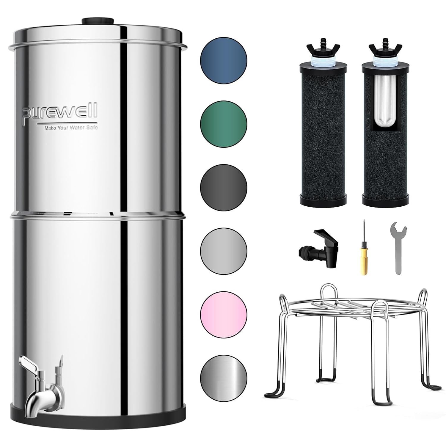 Purewell 3 Stage Gravity Water Filter System 304 Stainless Steel 2.25G