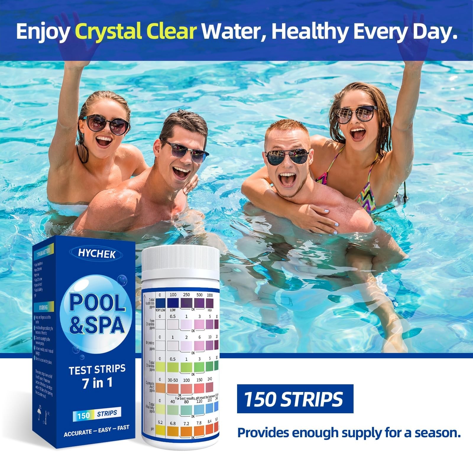 HYCHEK 7 in 1 Accurate Pool Test Strips, 150-Count Hot Tub & Spa 150