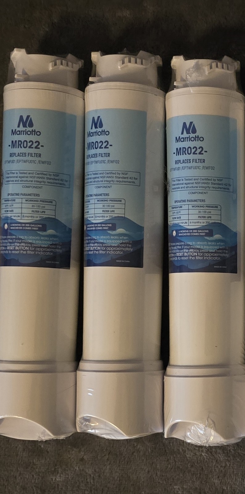 Marriotto MR022 Replacement Water Filters Lot of 3 New Sealed