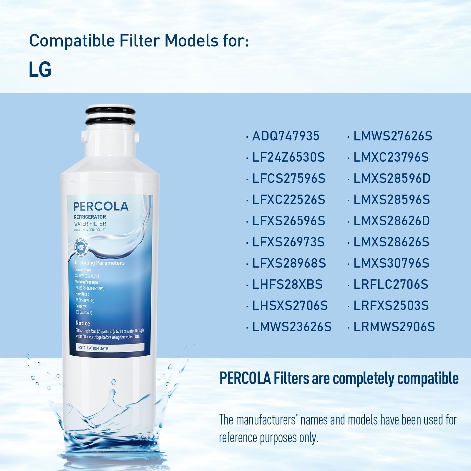 PERCOLA 3-Pack Water Filters for LG LFCS27596S LHFS28XBS LRFLC2706S LMXS28626S