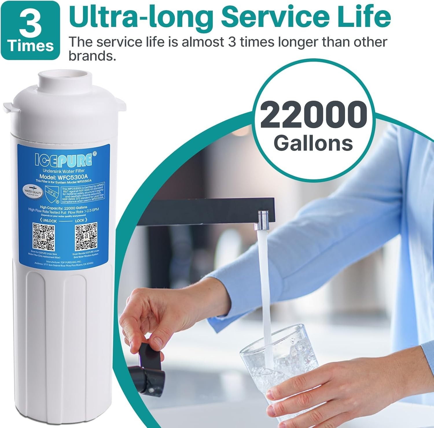 ICEPURE WFC5300A Under Sink Water Filter system, 3 Years or 22000 Gallons Ultra