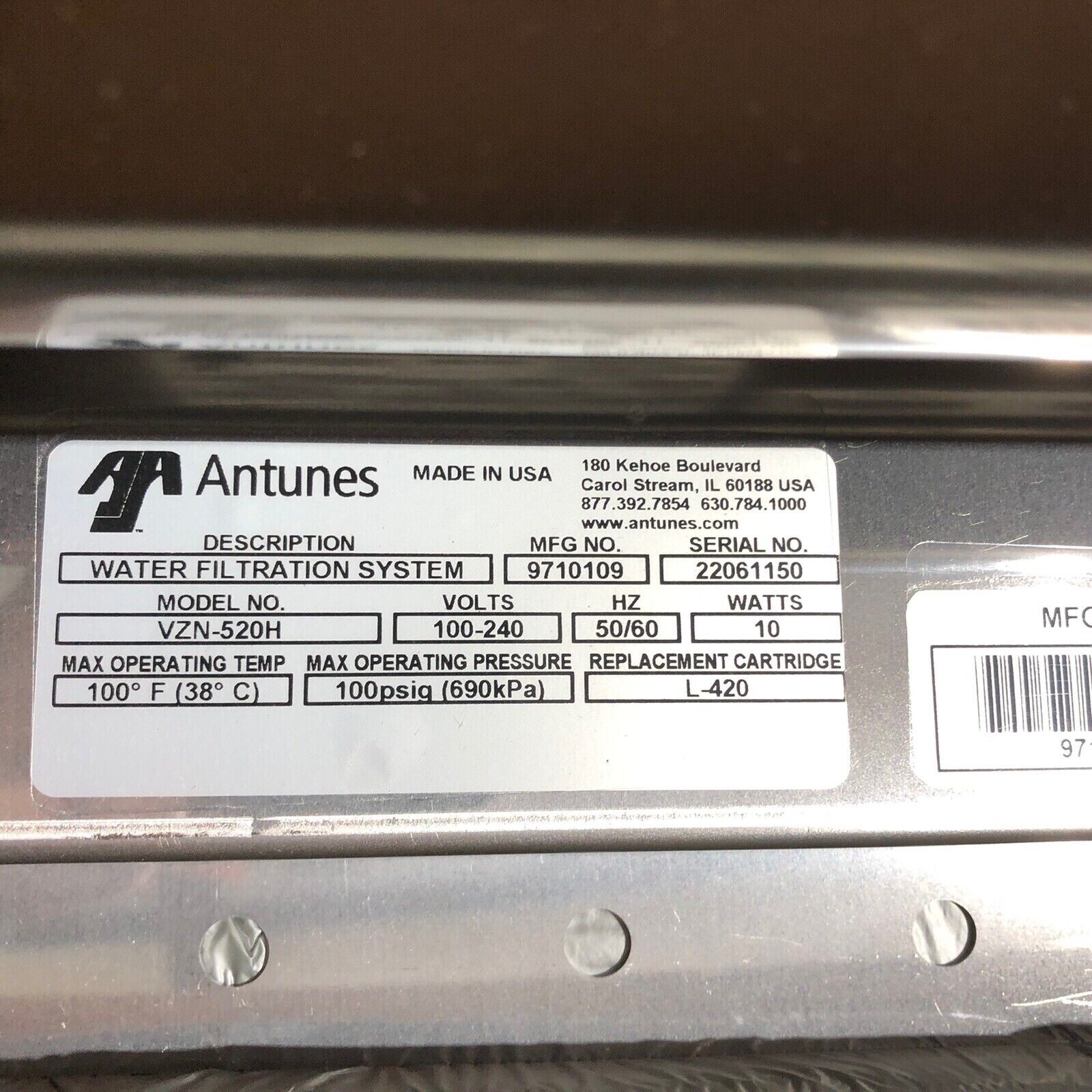 New Antunes VZN-520H Water Filtering System 8 Gal. (30 Liters) Per Minute 10W