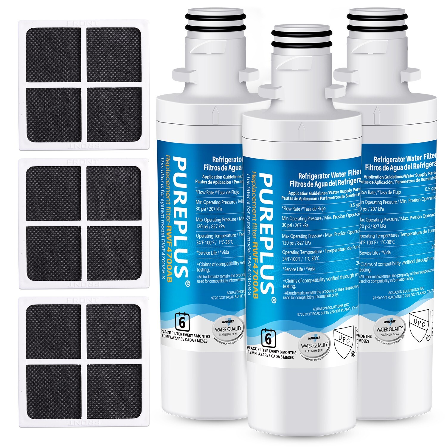 PUREPLUS RWF4700AB Refrigerator Water Filter & Air Filter AF004, 3 Pack