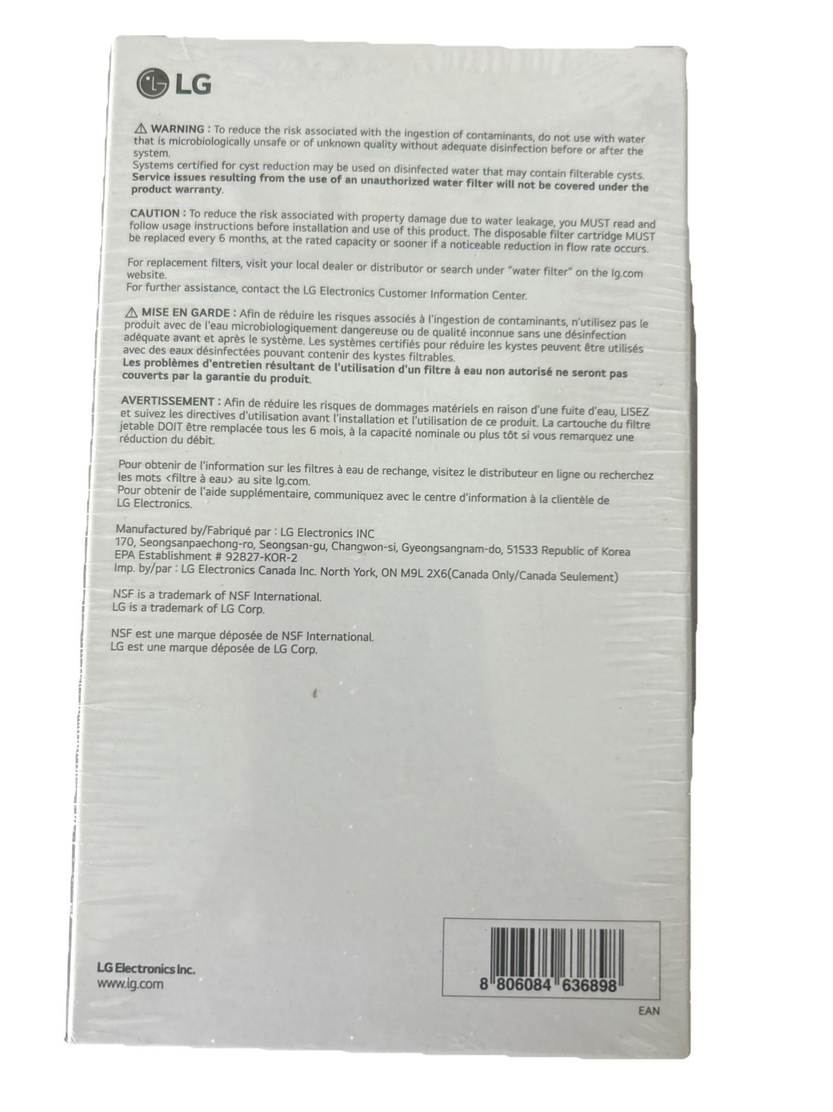 LG LT1000P2 Water Filter Replacement Cartridge 2 Pack White Box OEM #306