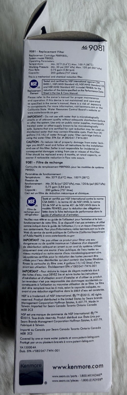 Kenmore 469081 Replacement Refrigerator Water Filter New Open Box