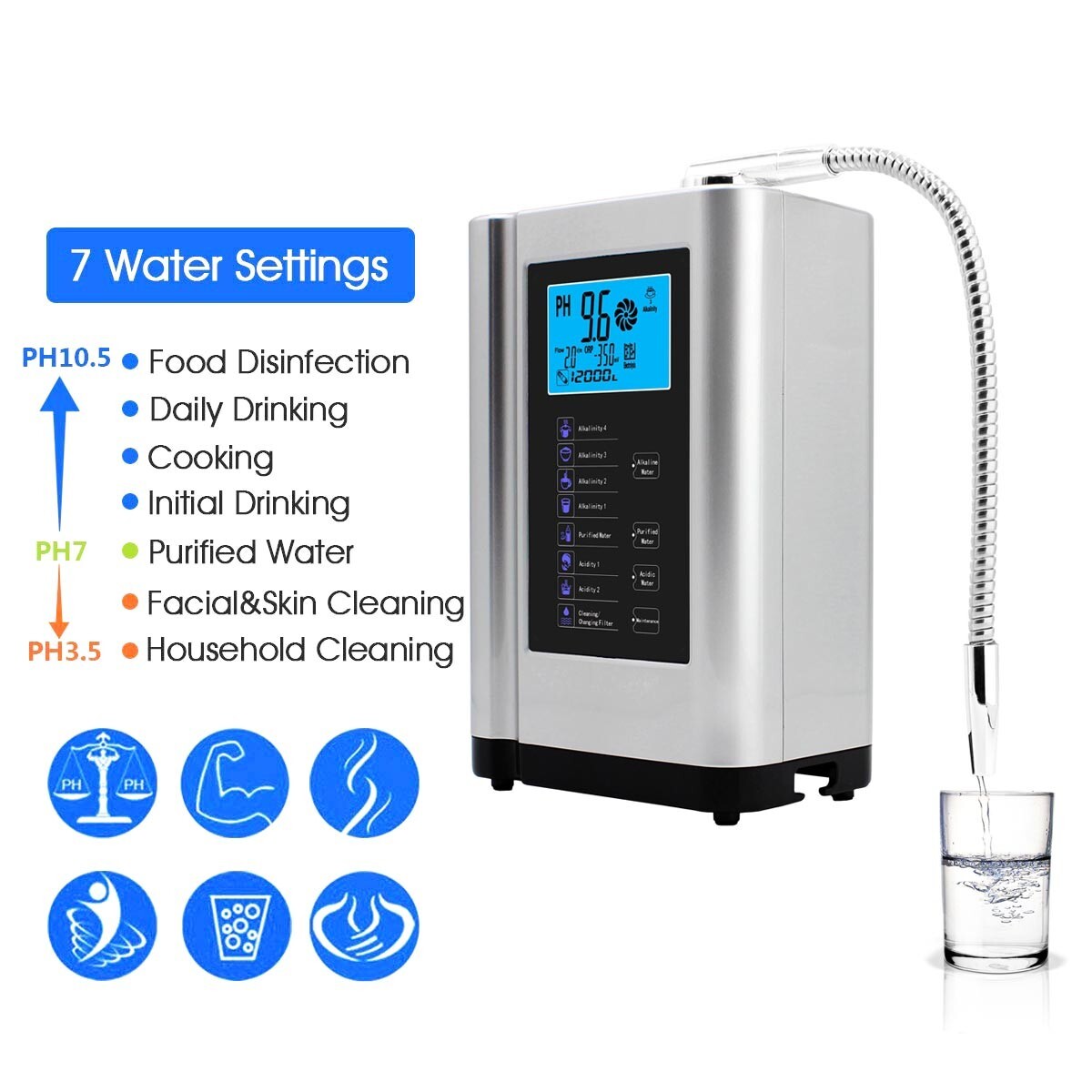 Alkaline Water Ionizer machine hydrogen water Purifier pH3.5-10.5 Water filter
