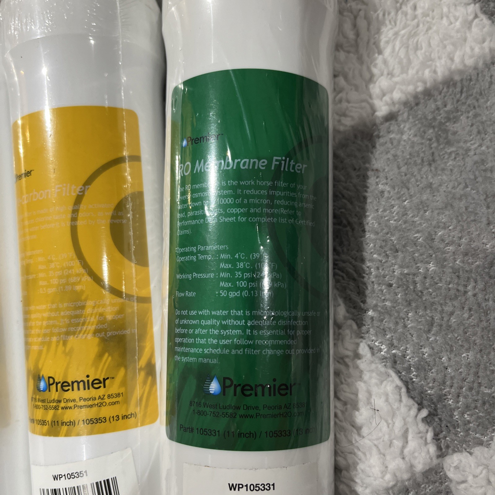 RO Water Replacement Cartridge 2 Yellow 1 Blue 1 Green Push Button, Sealed.