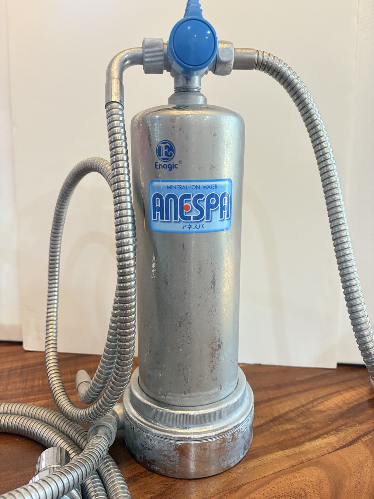 Enagic ANESPA Shower Water Filter Unit w/ Hose, Silver/Blue Metal, 1 Pack