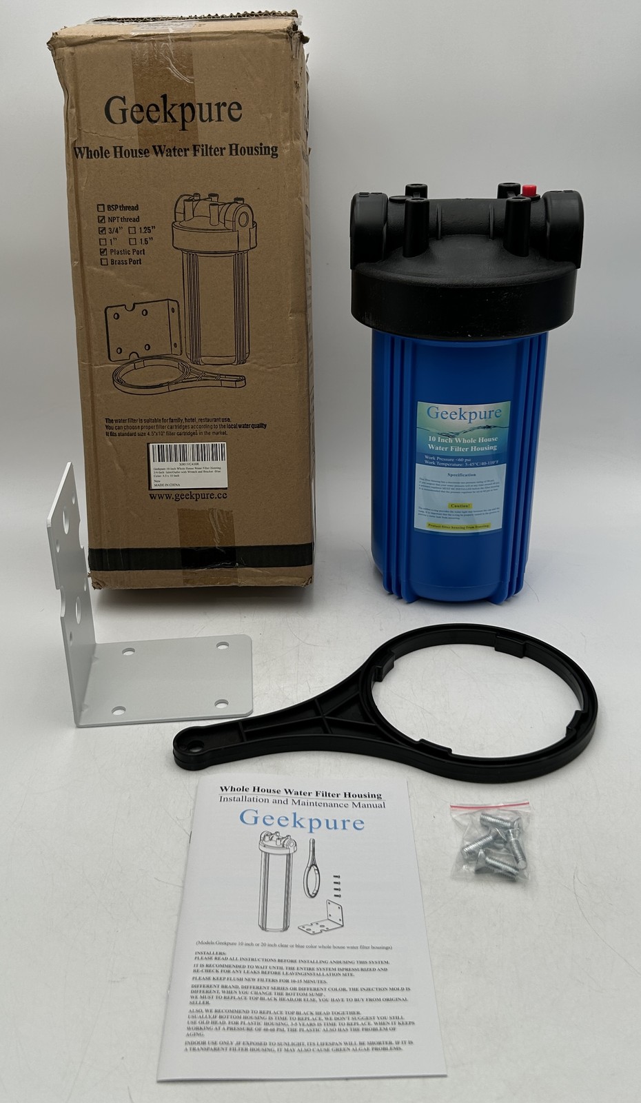 Geekpure 10in Water Filter Housing Blue 3/4″NPT Fit 4.5″ x 10″