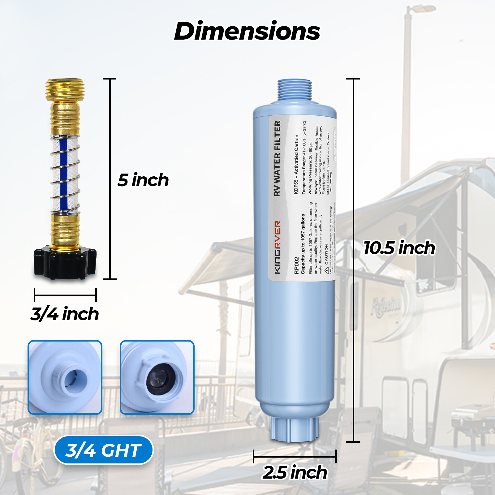 RV Water Filter w/ Flexible Hose Protector GAC & KDF Filtration for Fresh Drink