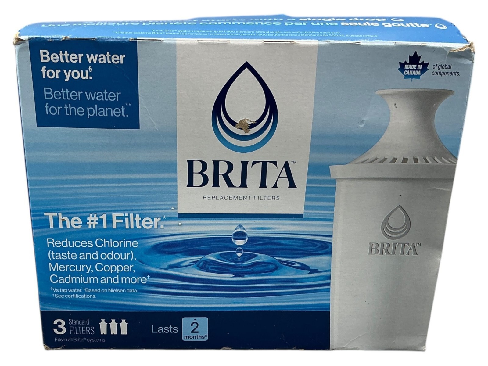 Brita Replacement Water Filters 3-Pack Reduces Chlorine Taste Lasts 2 months