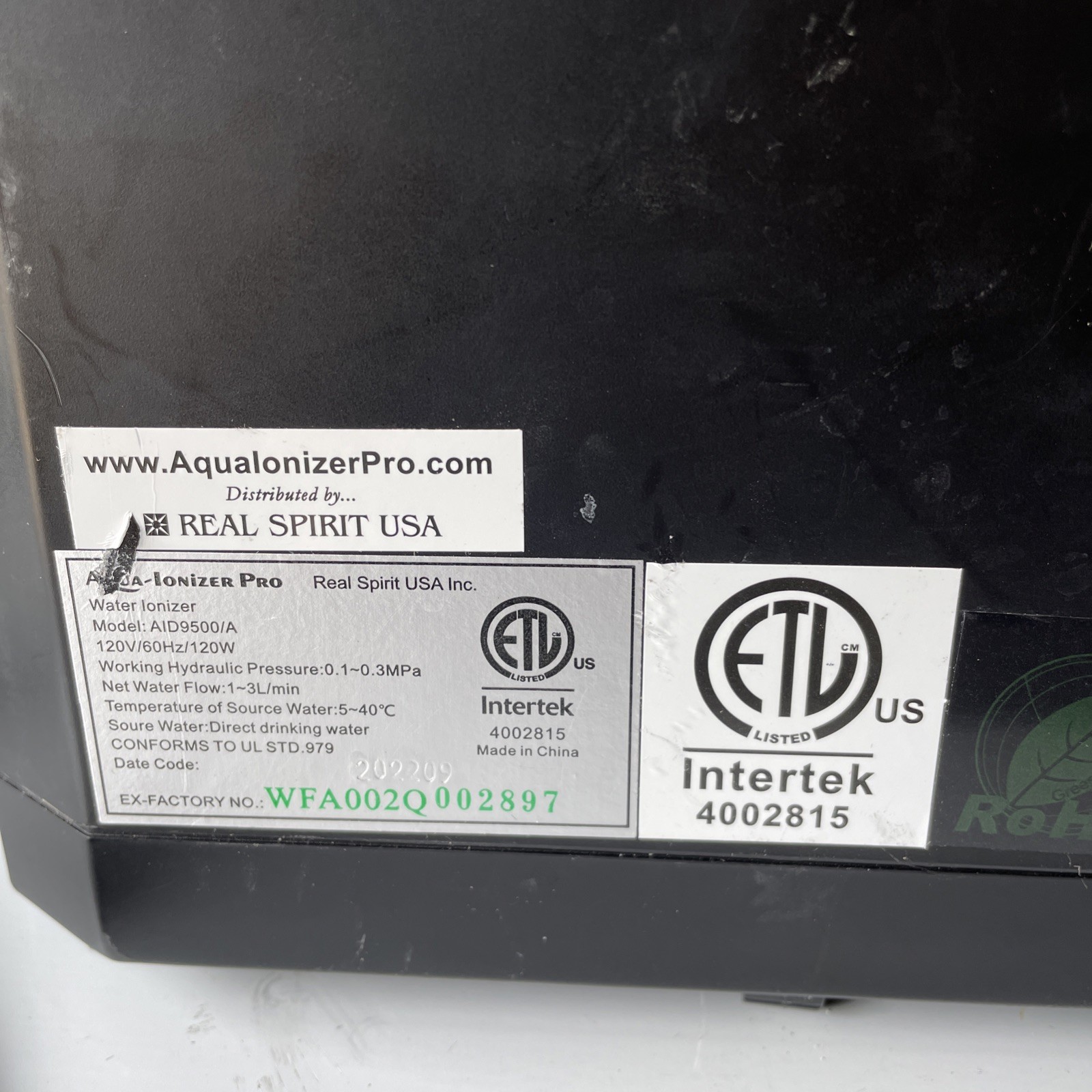 Aqua Ionizer Pro AID9500/A Intertek 4002815 120V 1-3L Flow Min
