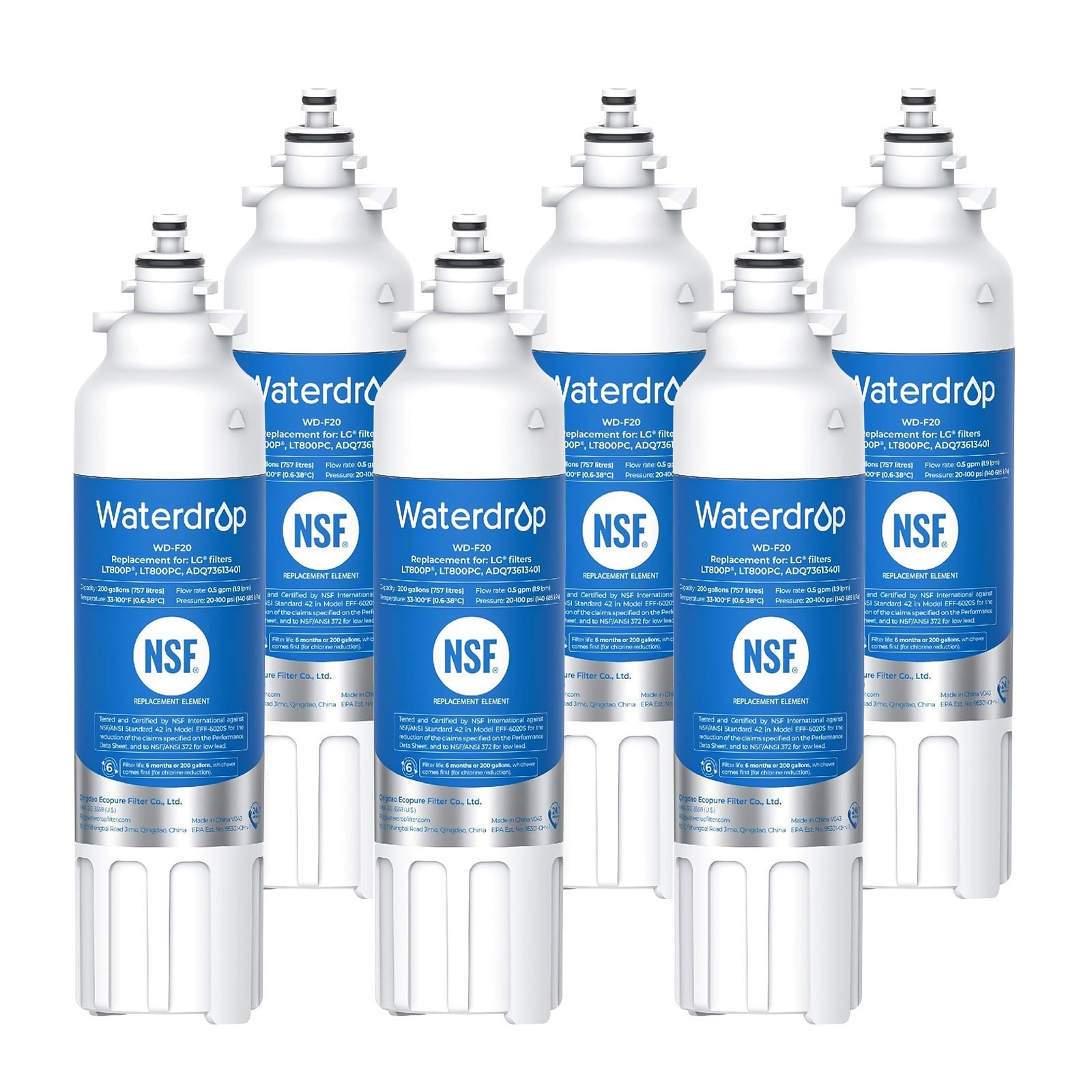 Waterdrop ADQ73613401 Refrigerator Water Filter, Replacement for LG® LT800P®（6）