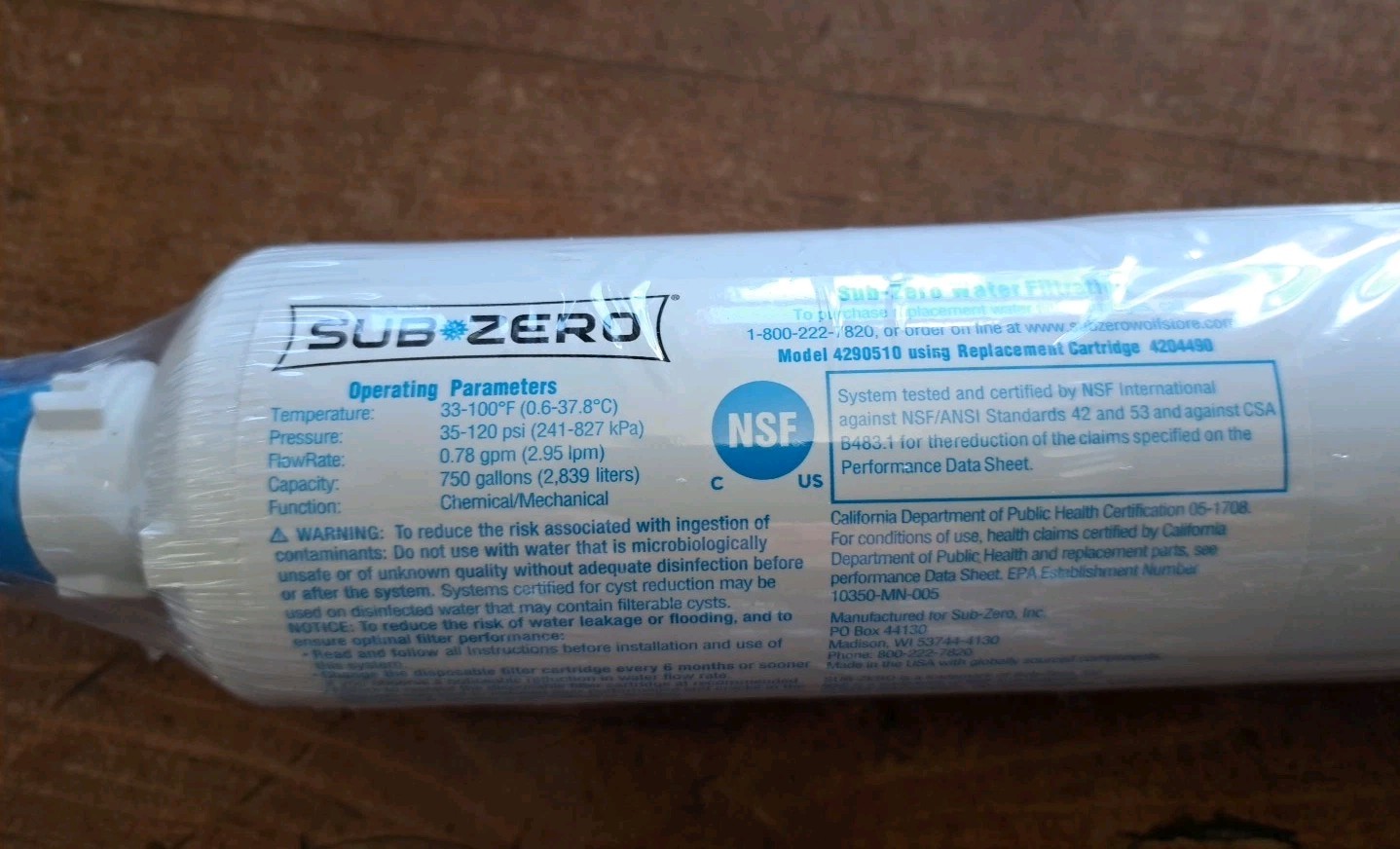 New Sub Zero Water Filter # 4204490 Factory Sealed