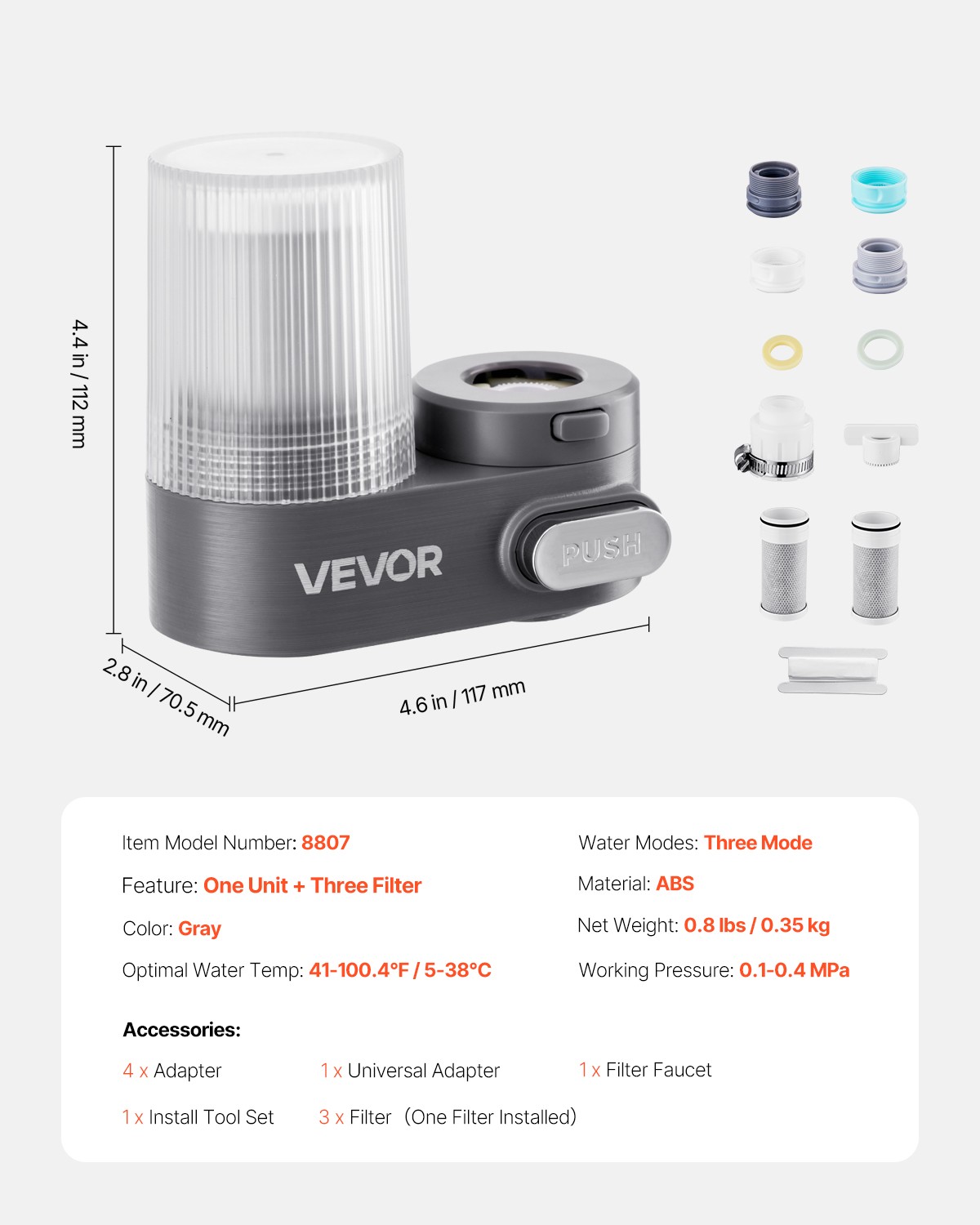 Faucet Mount Water Filters Sink Water Purifier for Kitchen Gray Vertical
