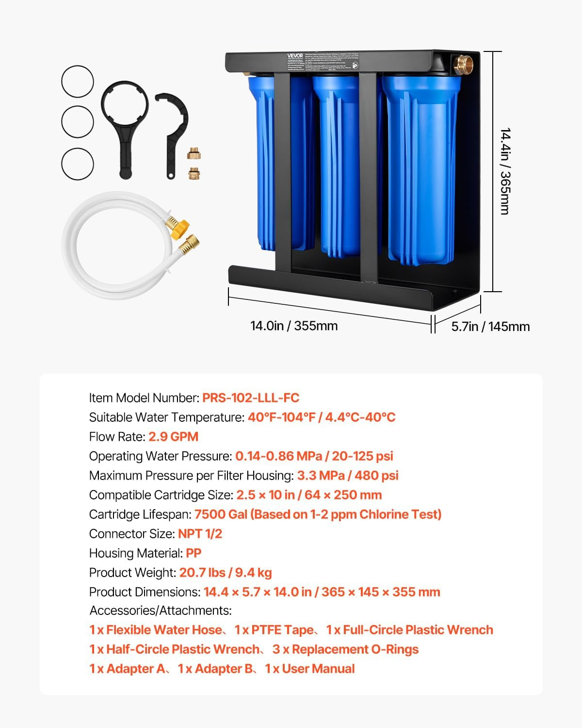 RV Water Filter with Bracket, 3-Cartridge 2.5 X 10 in Water Filter System for Rv
