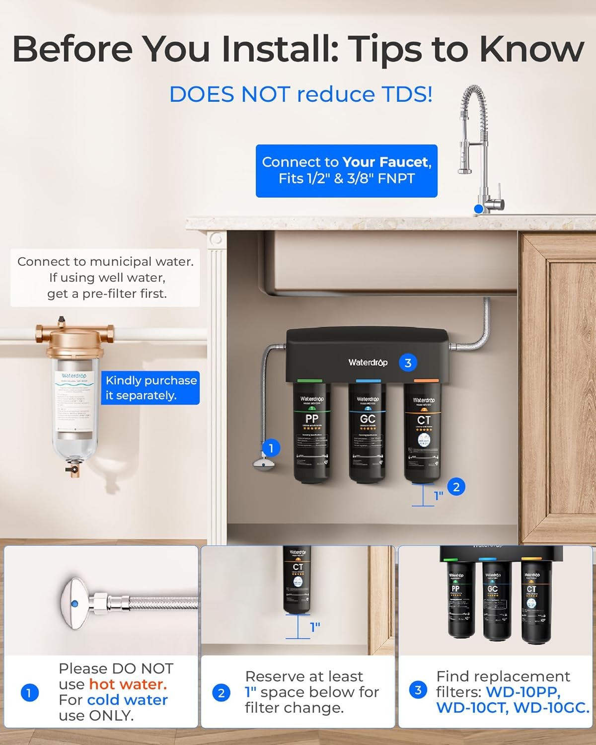 Waterdrop TSA 3-stage Under Sink Water Filter System, With Extra 10PP Filter