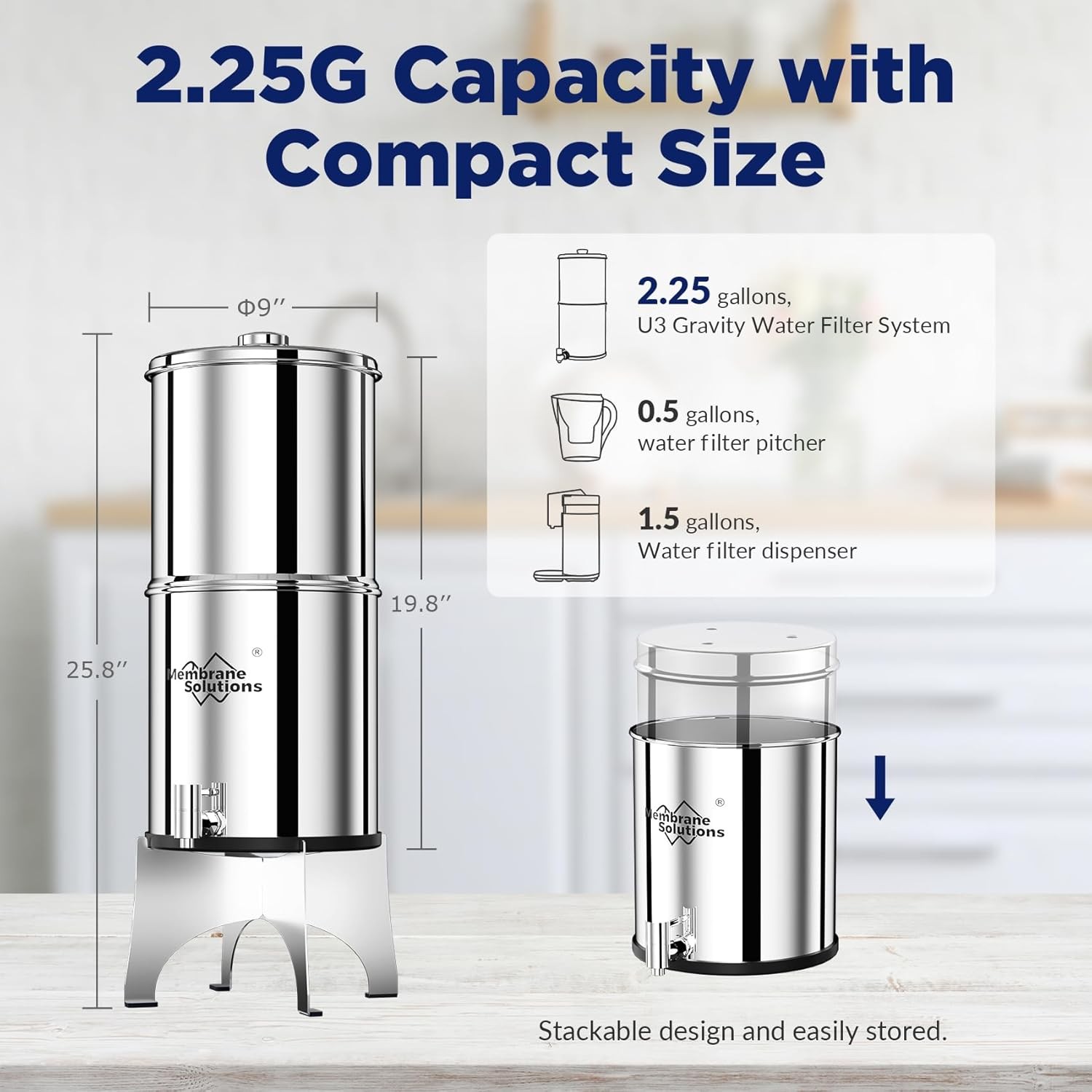 2.25G Gravity-fed Water Filter Countertop System Stainless Steel 3 Filters