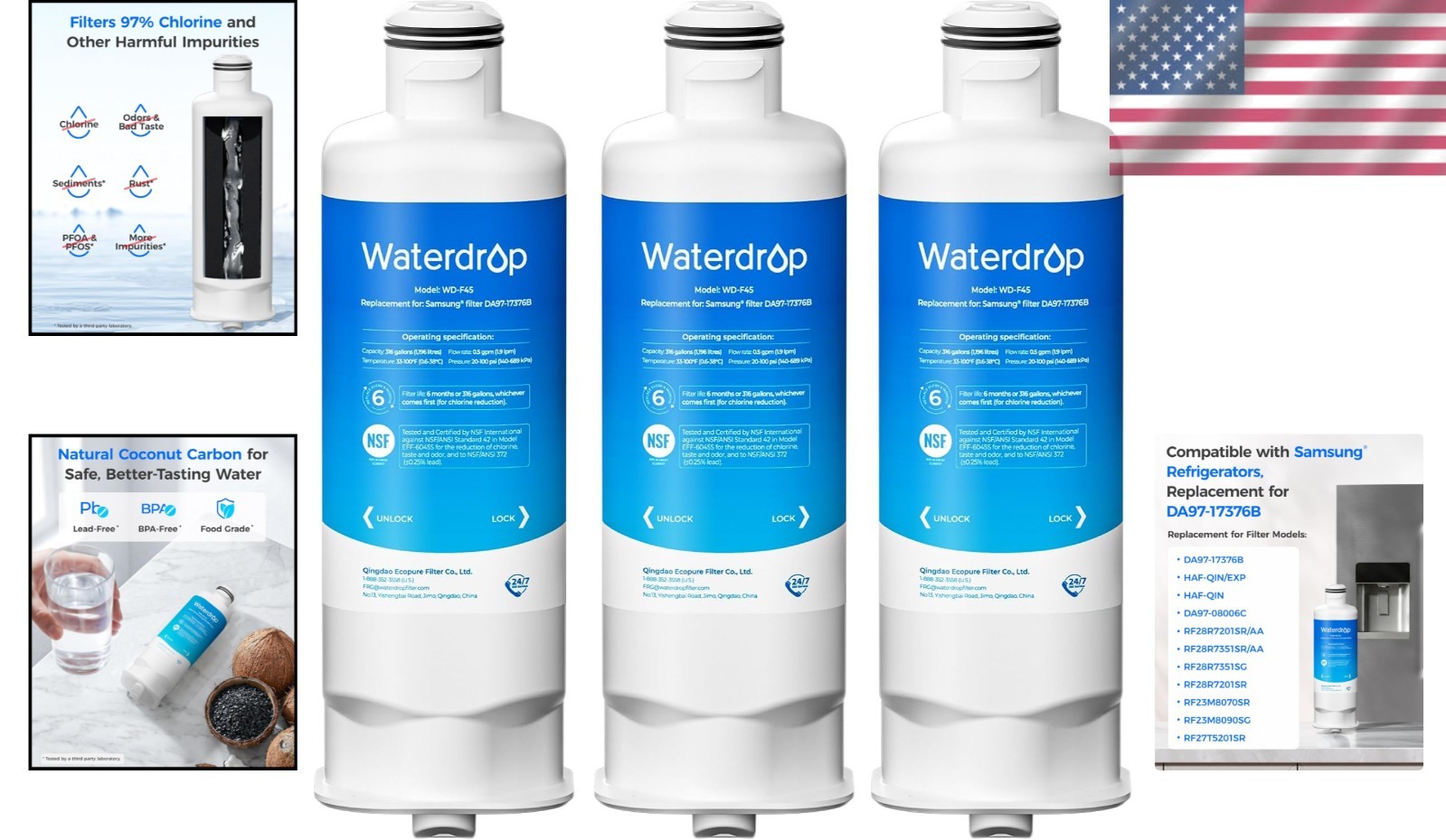 Replacement Water Filter Set of 3 for Samsung Refrigerators Lead Free Material