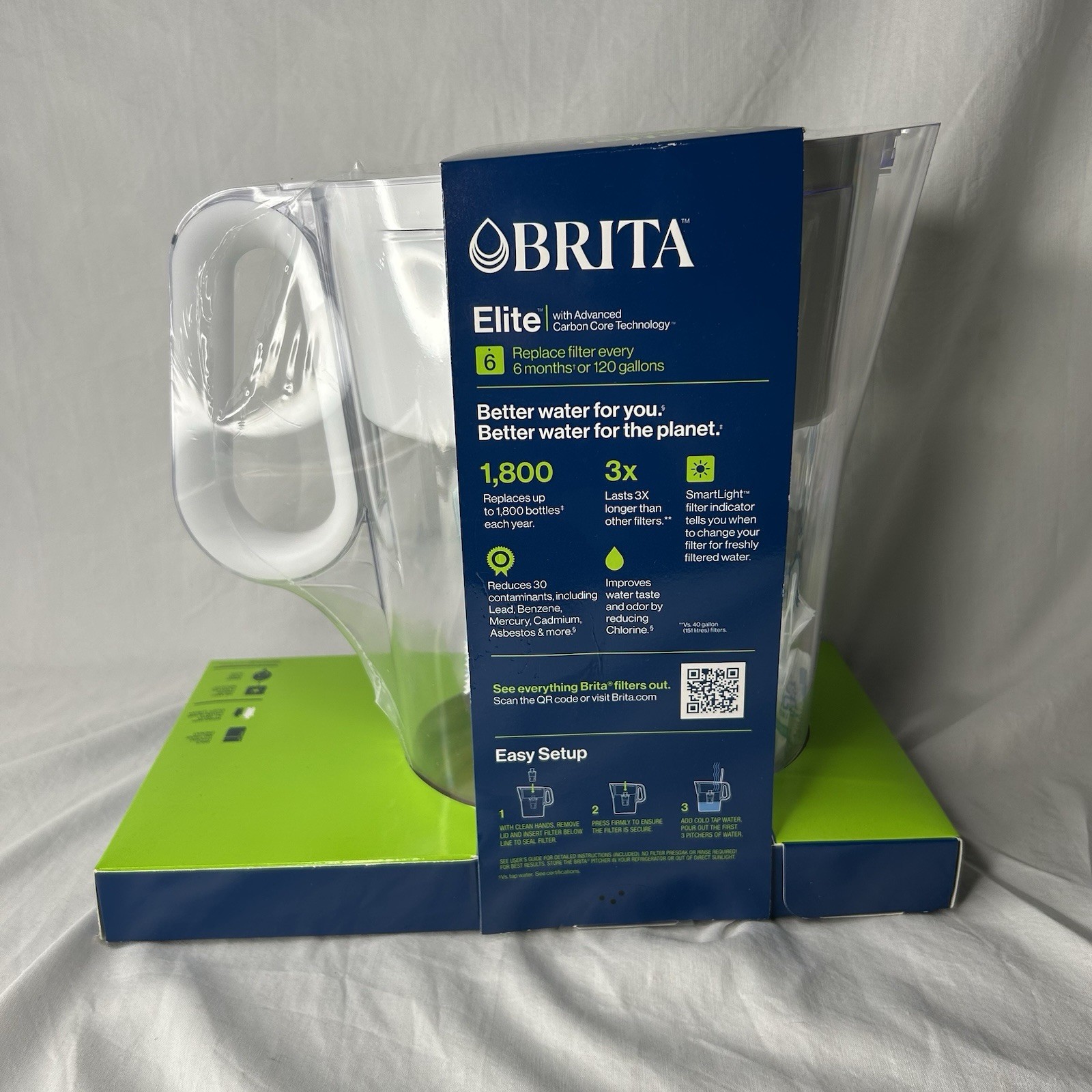 Brita Large 10 Cup Water Pitcher + 2 Elite LongLast+ Filters Last 6 Months Each