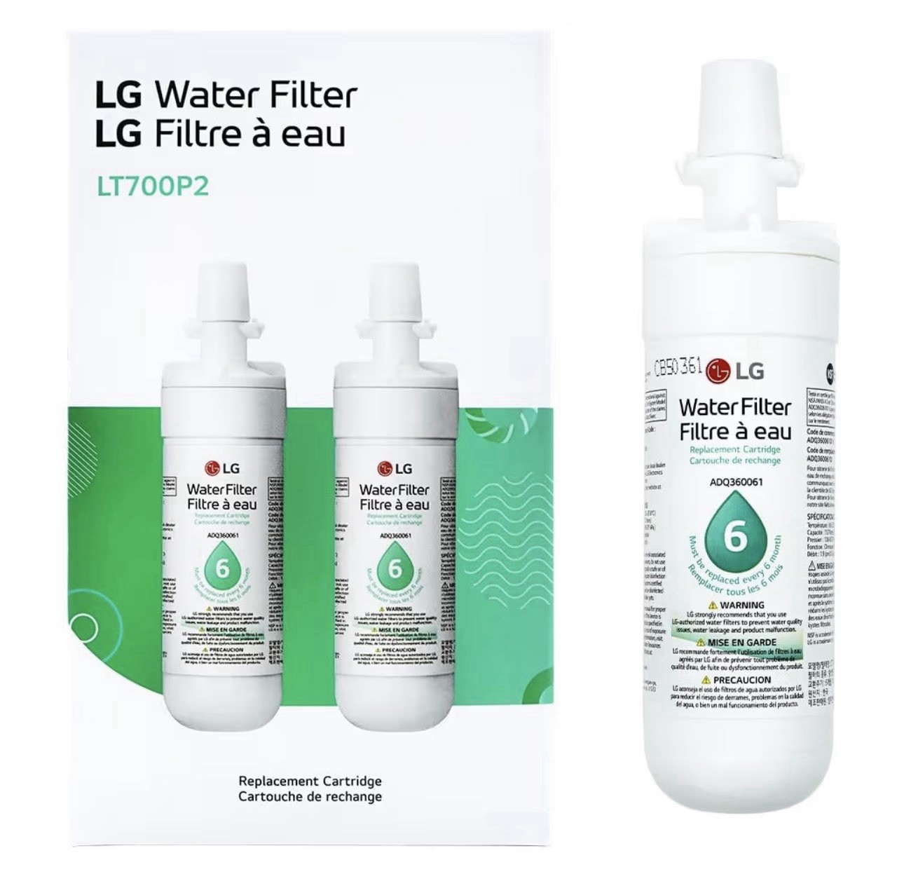 LG LT700P2 Refrigerator Water Filter 6-Month 200 Gal Replacement 2-Pack White