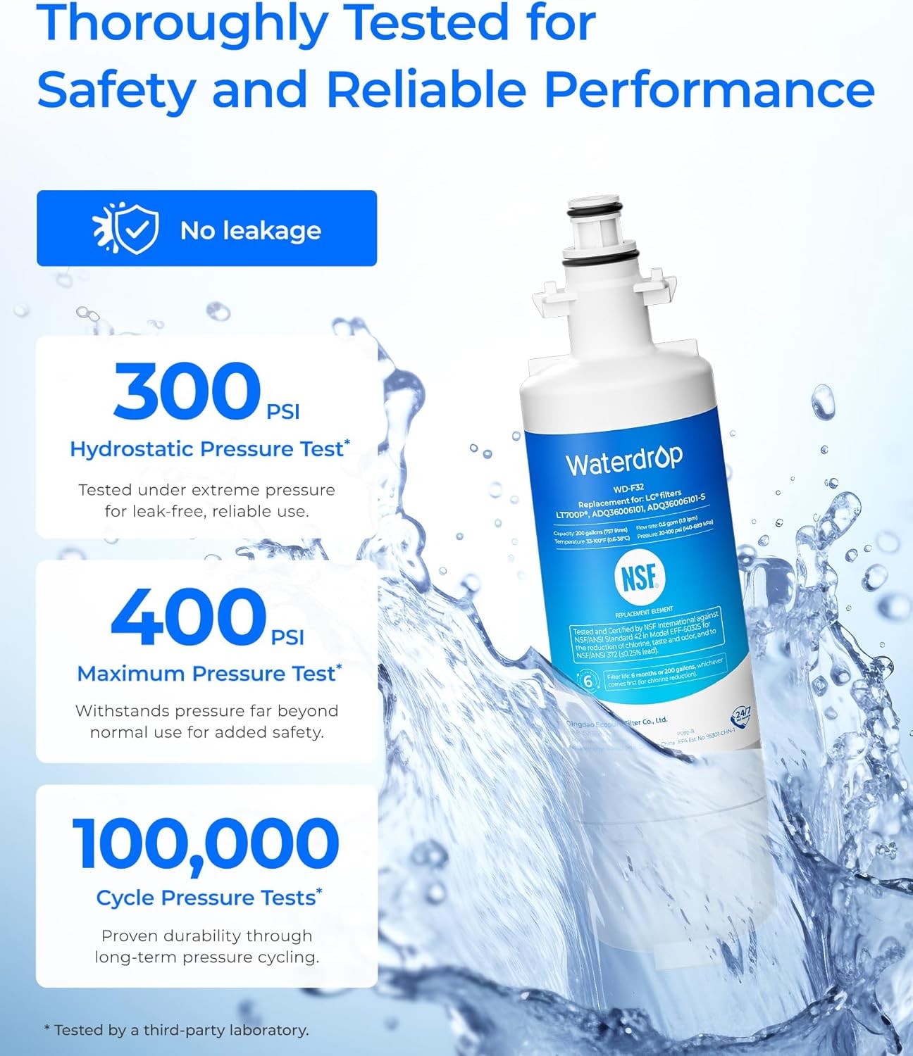 Waterdrop Refrigerator Water Filter, Replacement for LG® LT700P®, Pack of 3
