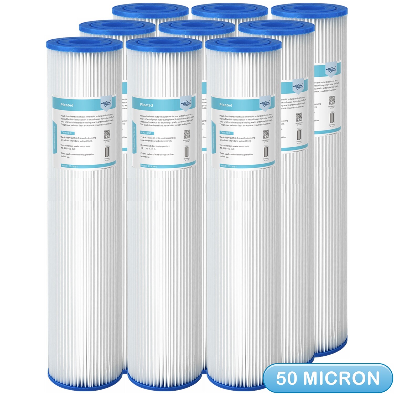 50 Micron 20″x4.5″ Whole House Pleated Sediment Water Filter Cartridges 1-9 Pack