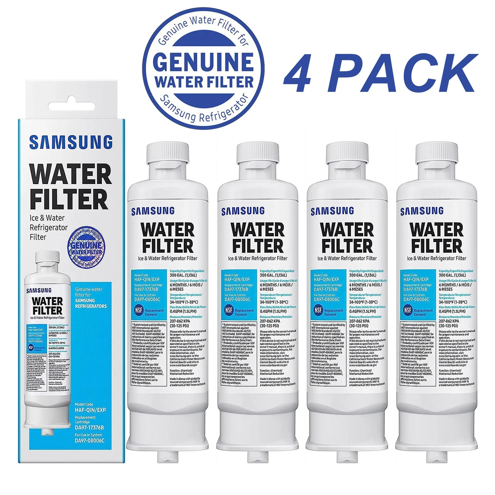 4 PACK Genuine Samsung DA97-17376B HAF-QIN/EXP REFRIGERATOR Water Filter