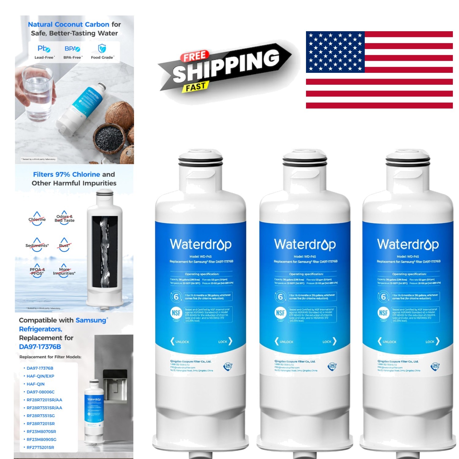 Replacement Water Filter Set of 3 for Samsung Refrigerators Lead Free Material