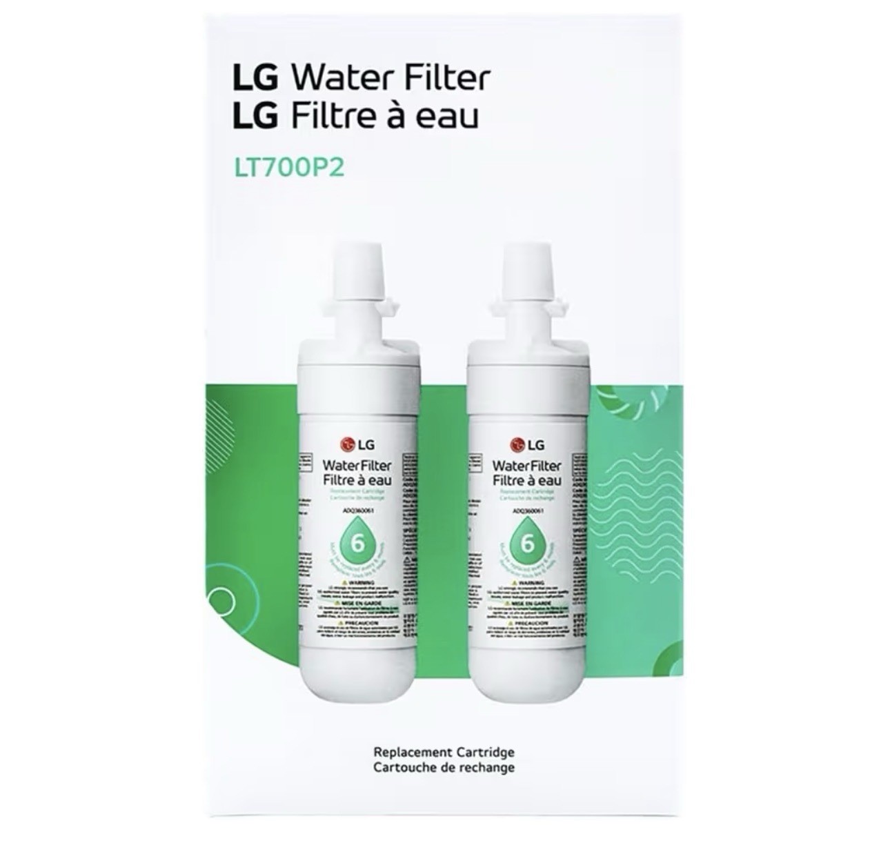 LG LT700P2 Refrigerator Water Filter 6-Month 200 Gal Replacement 2-Pack White
