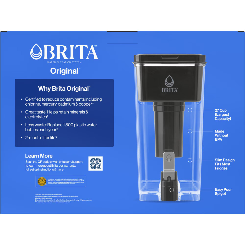 Brita UltraMax, 27 Cup Large Water Filter Dispenser, Fridge Purifier, Black New