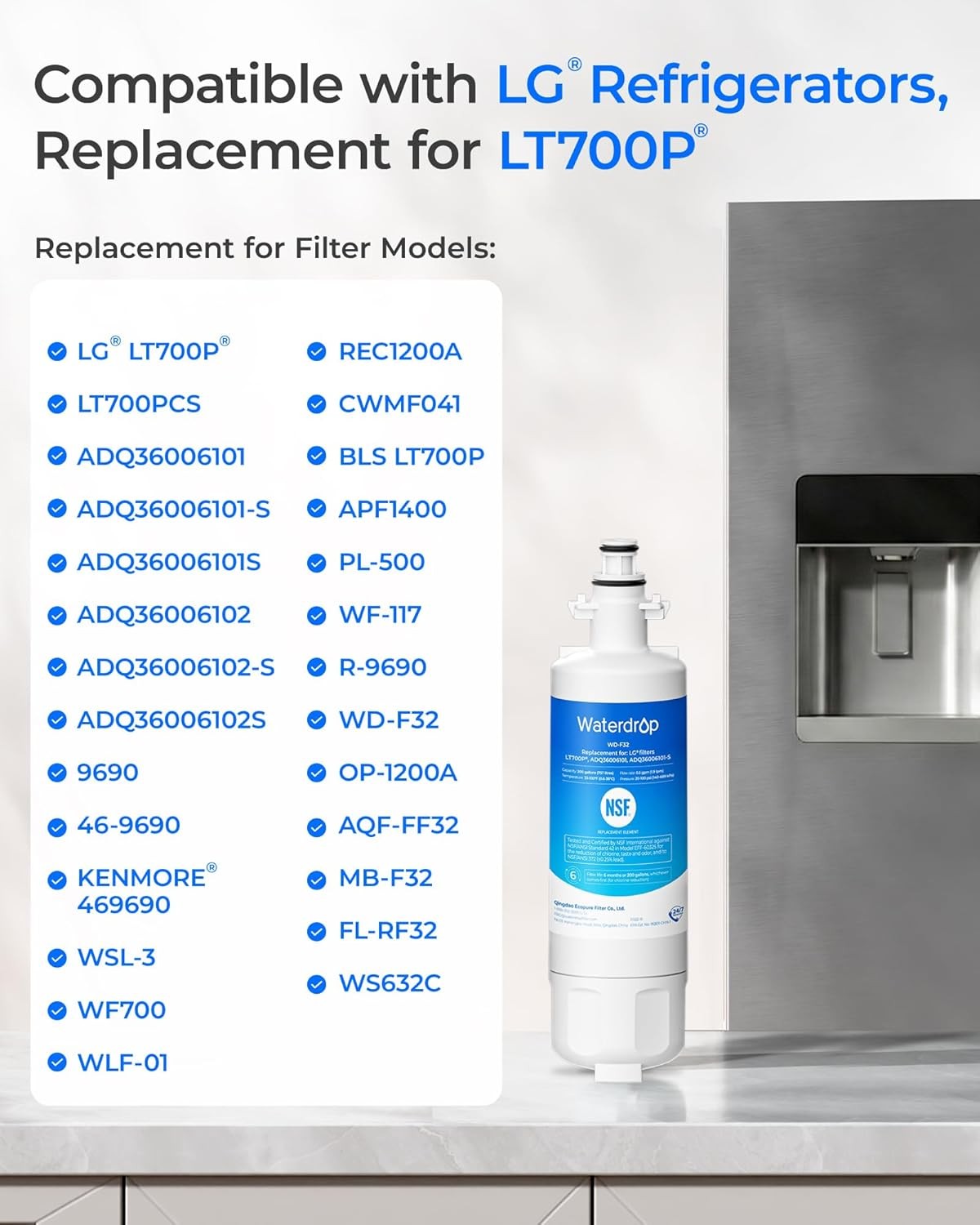 Waterdrop Refrigerator Water Filter, Replacement for LG® LT700P®, Pack of 3