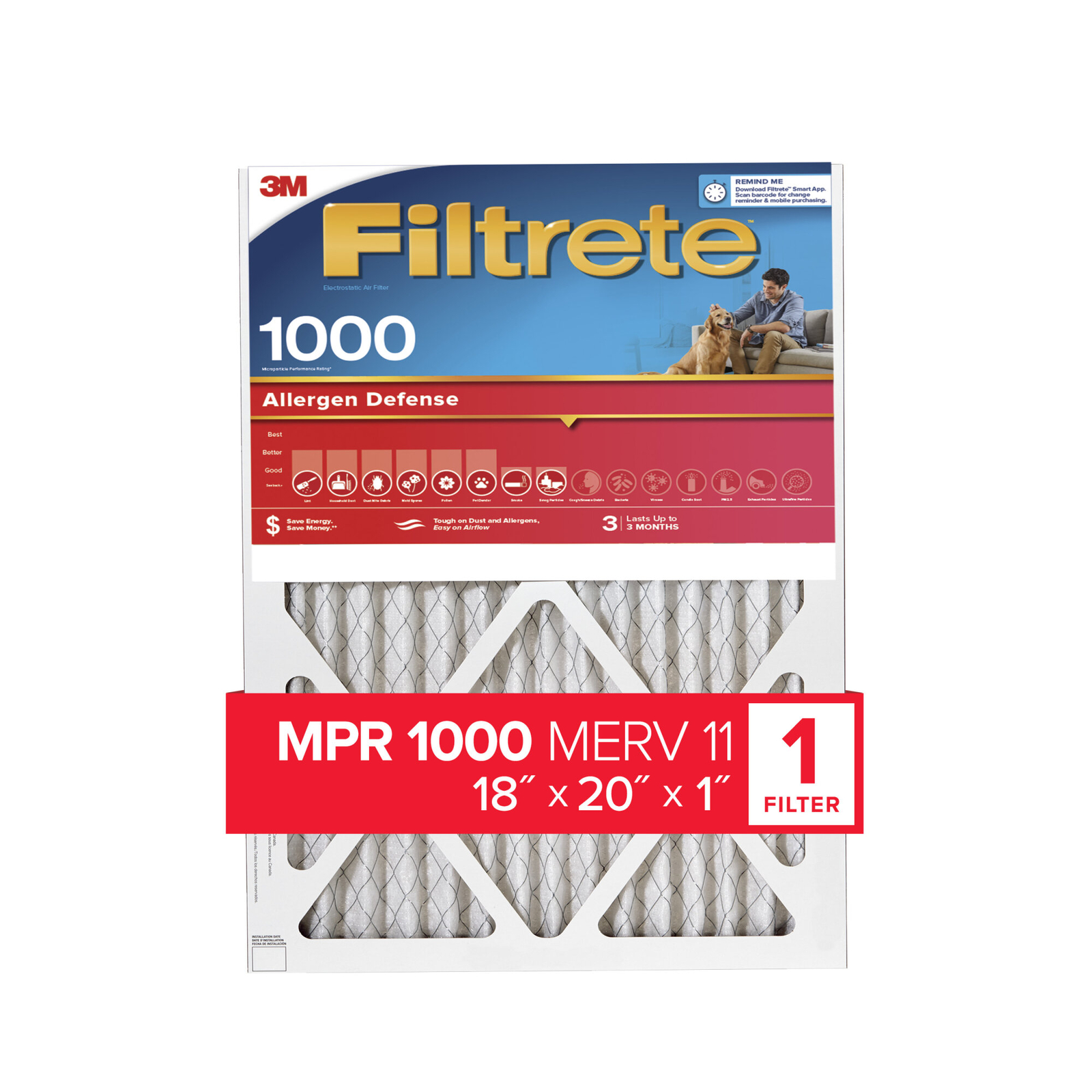 Filtrete Allergen Defense Air Filter, 1000 MPR, 9845-4, 18 in x 20 in x1 in