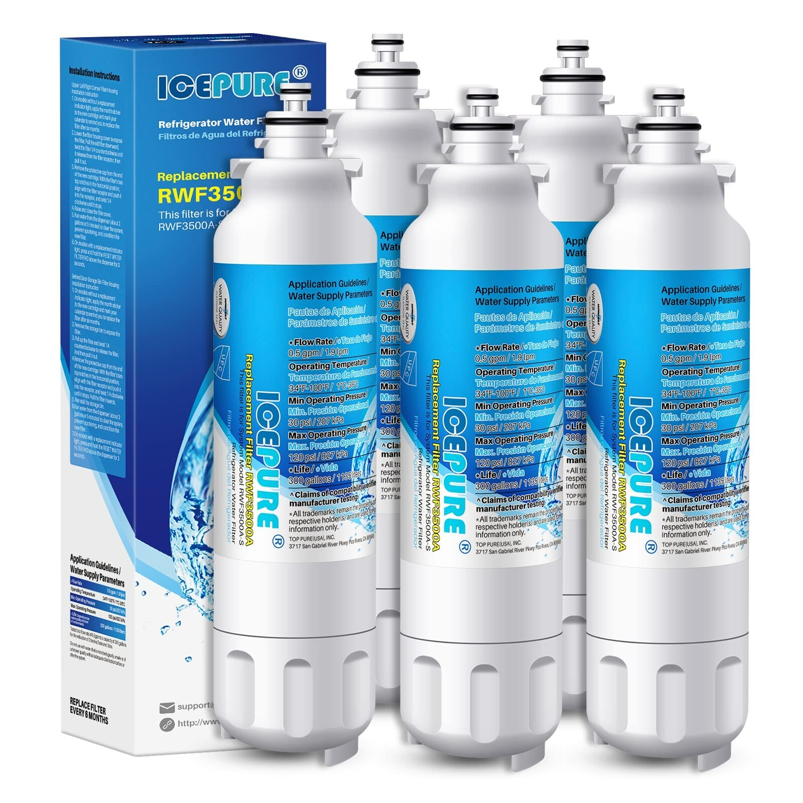 5 Pack Fit For LG LSXS26366S LG LT800P ADQ73613401 Fridge Water Filter Icepure