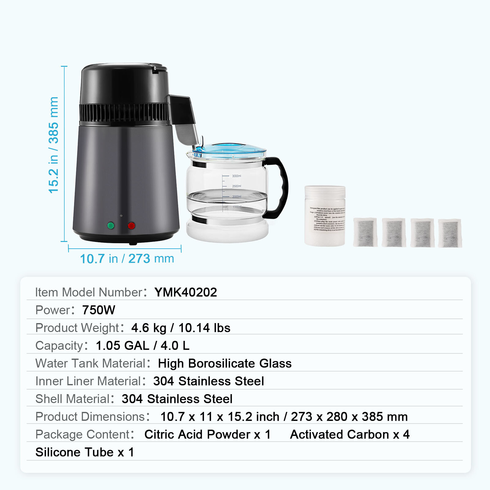 VEVOR Water Distiller 4L Water Purifier Countertop Stainless Steel Interior 750W