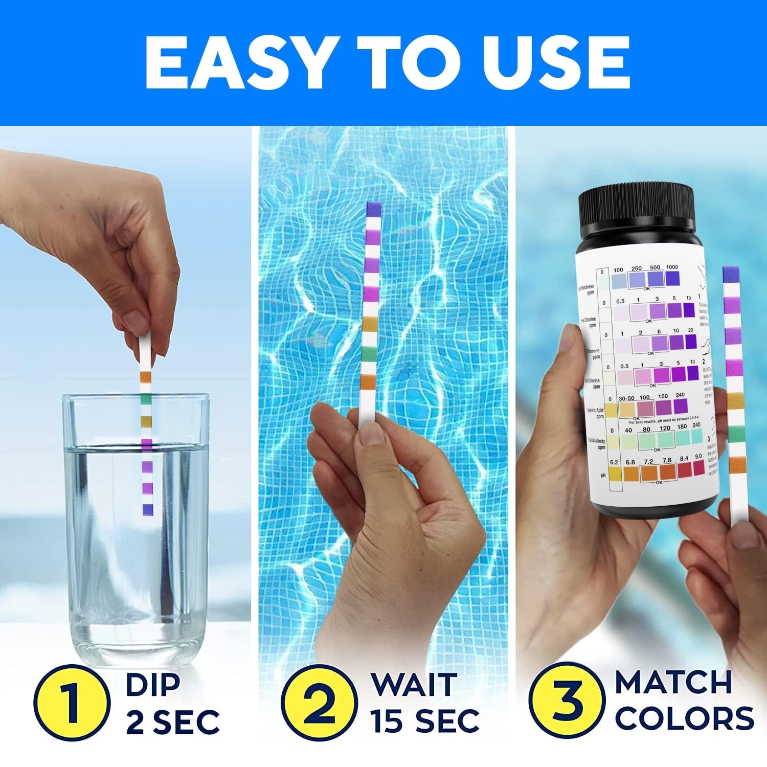 7-in-1 Accurate Pool Test Strips – 150 Hot Tub Spa Test Strips – Quick Pool Wate