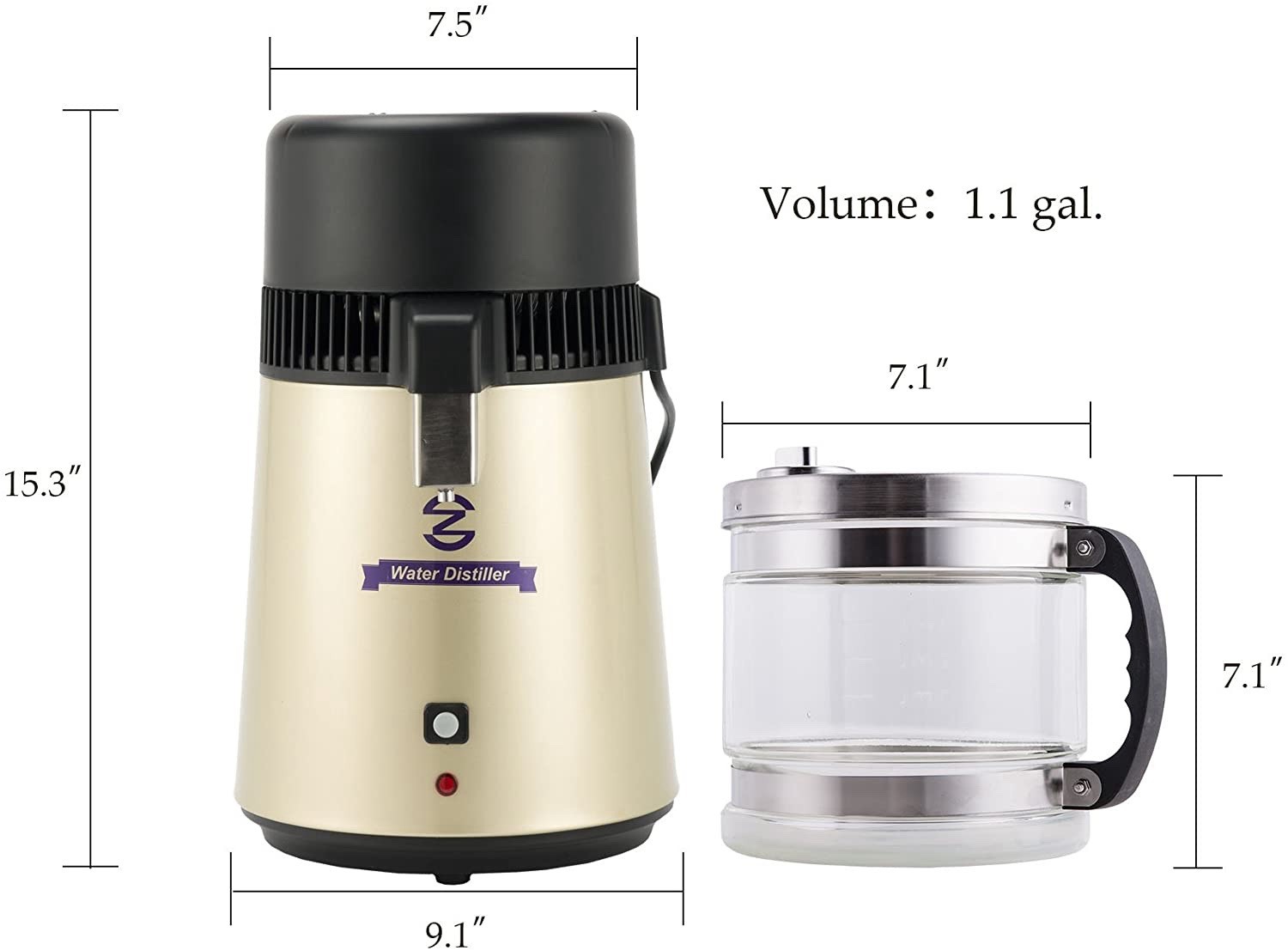 CO-Z 1.1 Gal Water Distiller 750W Glass & Stainless Steel Purifier Gold