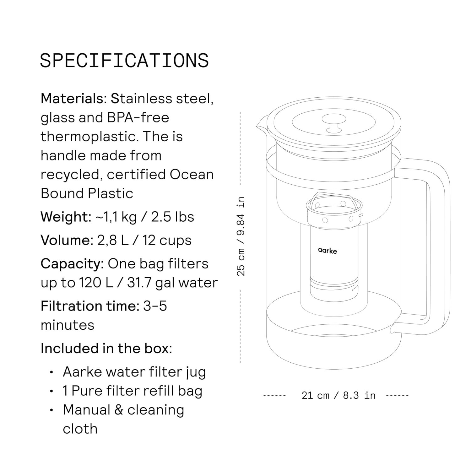 Water Pitcher Filter Purifier Glass Stainless Steel BPA-Free 7 Cups